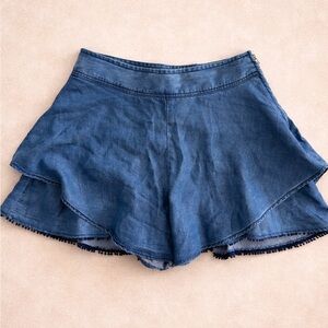 ZARA Z1975 Denim Ruffle Skort with Pom-Pom Trim